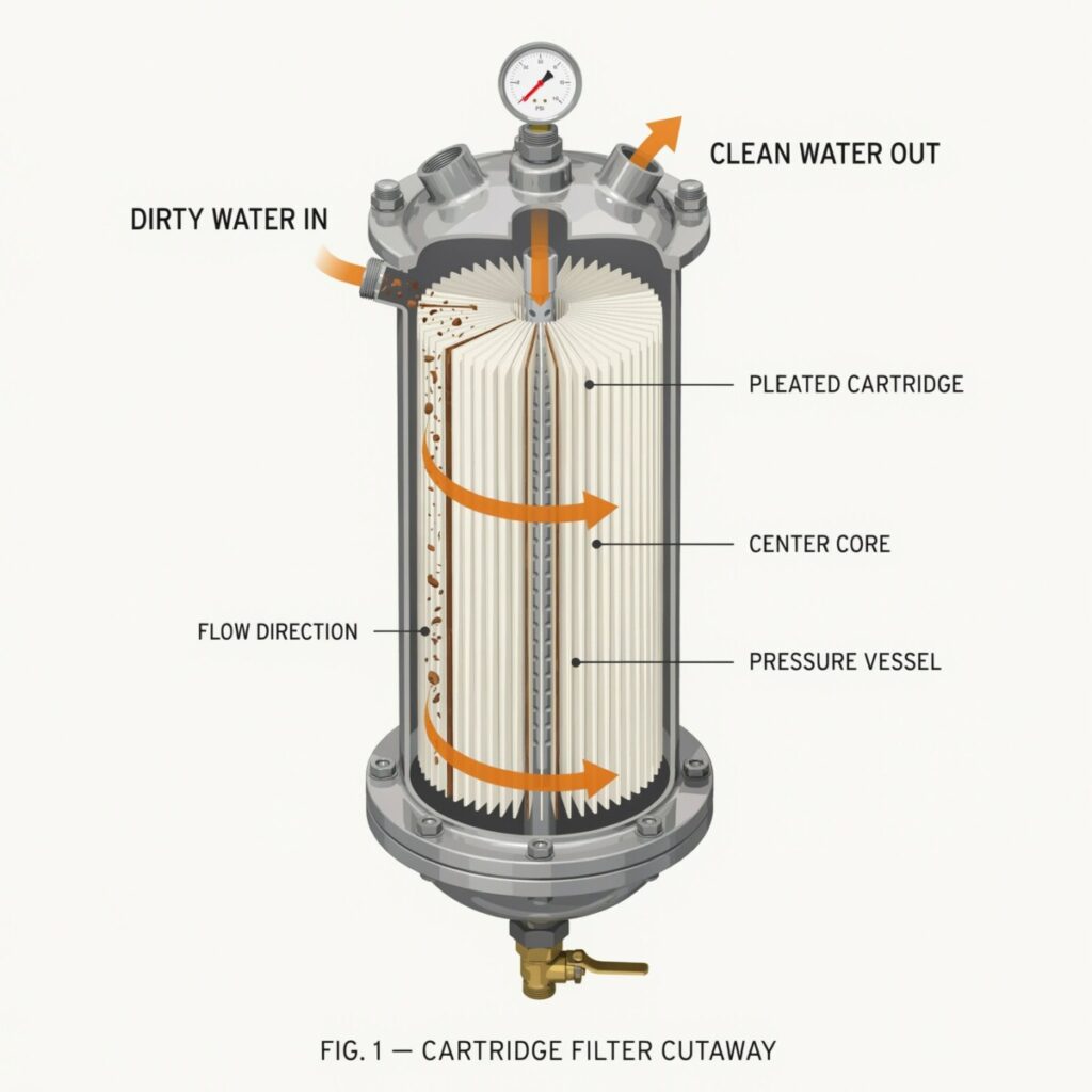Cutaway diagram showing how to clean a cartridge filter and how water flows through a pool cartridge filter system
