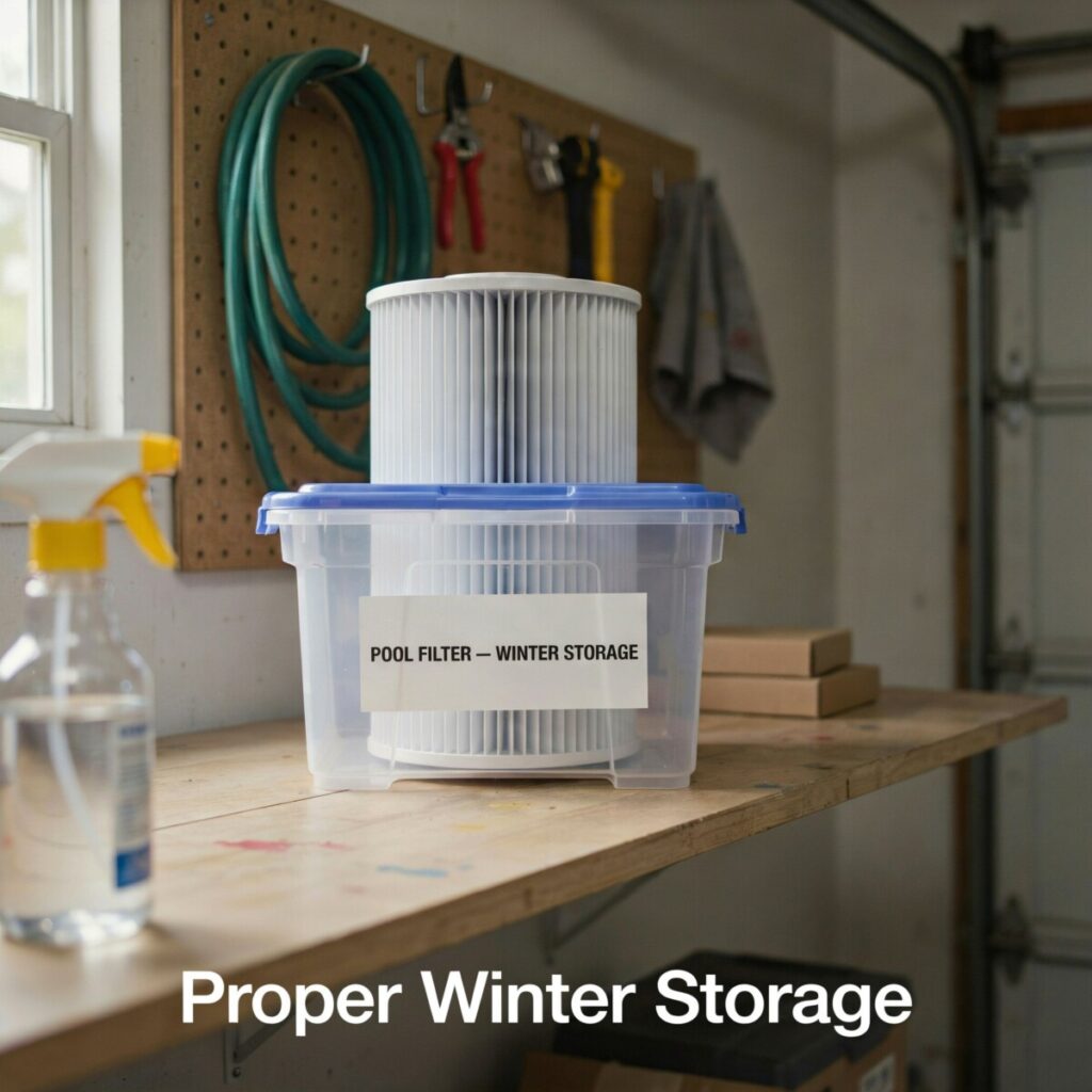 How to store pool filter cartridge in climate-controlled storage during winter to clean a cartridge filter properly