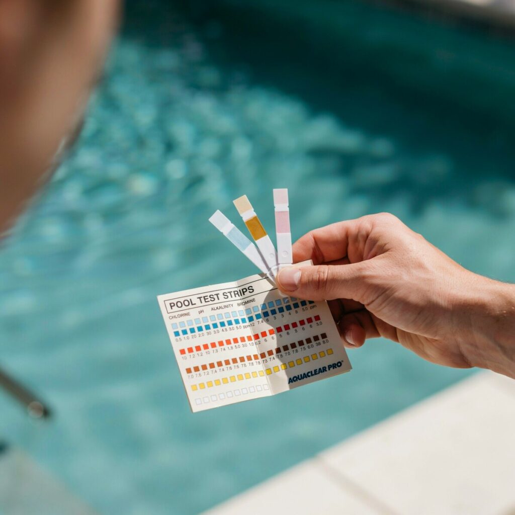Testing pool pH levels and chlorine with a pool test kit.
