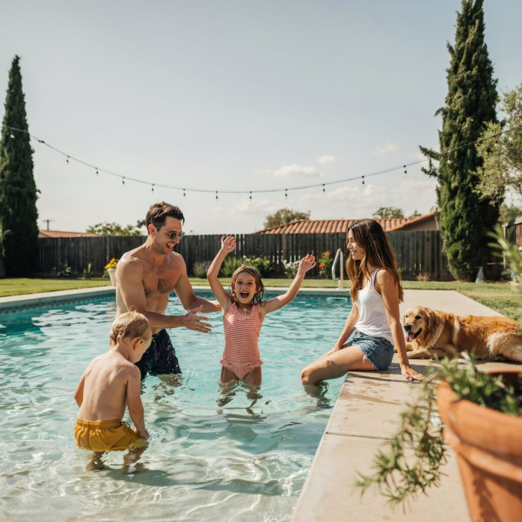Well-maintained residential pool with balanced pool water chemistry and happy swimmers.